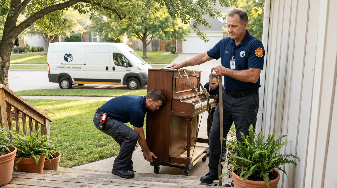 Licensed piano movers securing grand piano in Turner, OR